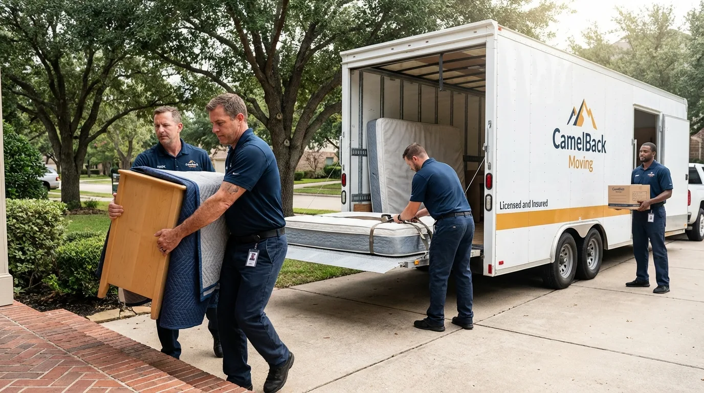 Crew loading residential truck for cross-state move from Denison, TX