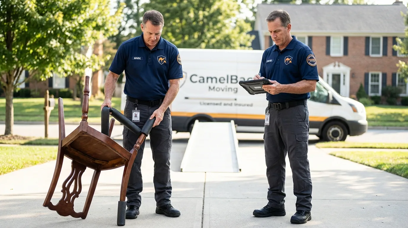 Movers inspecting furniture for damage prevention before loading in Denison, TX