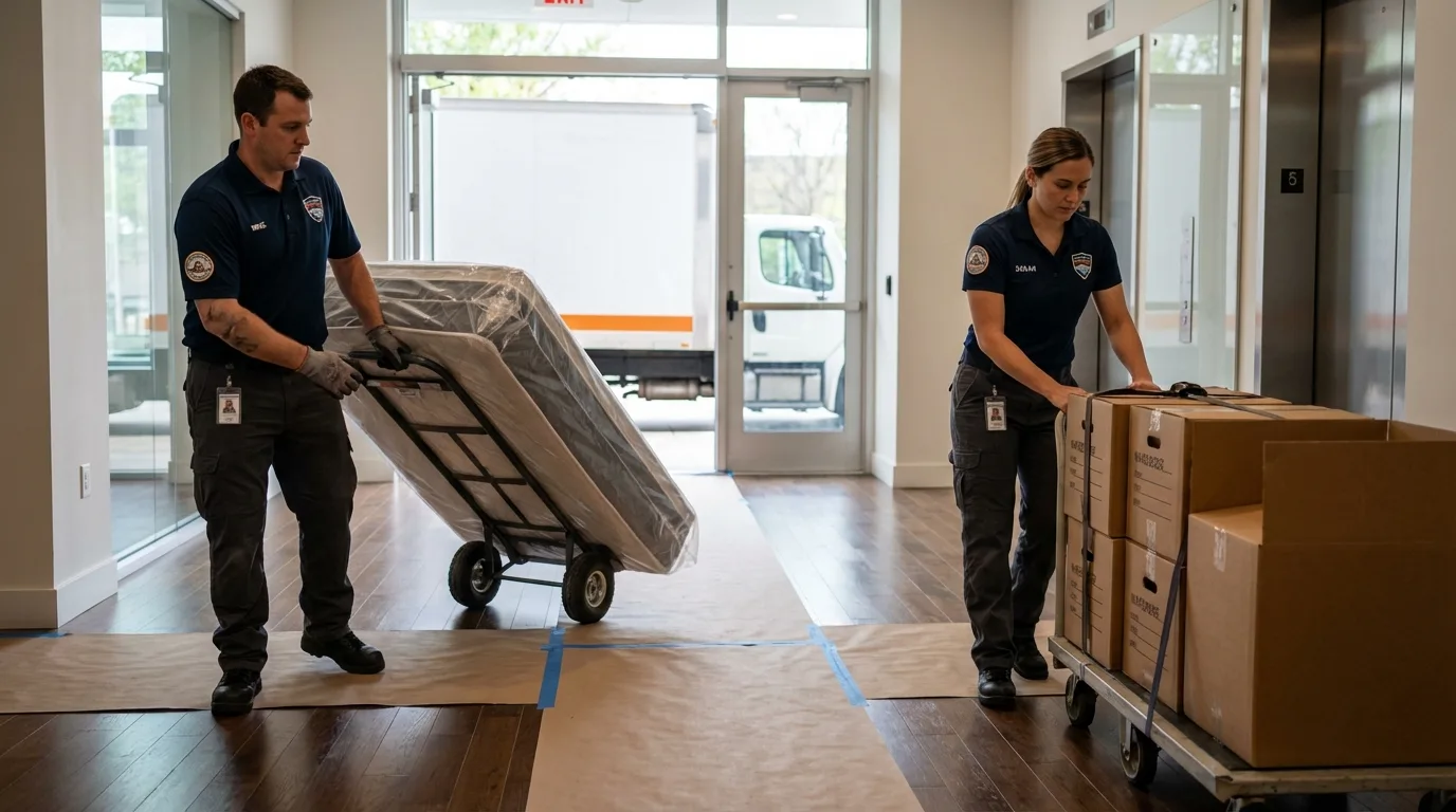 Professional apartment movers loading elevator in Denison, TX