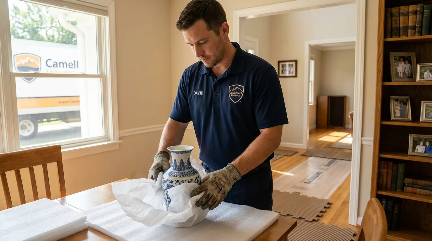 Professional crew carefully wrapping antique vase for senior downsizing move in Denison, TX